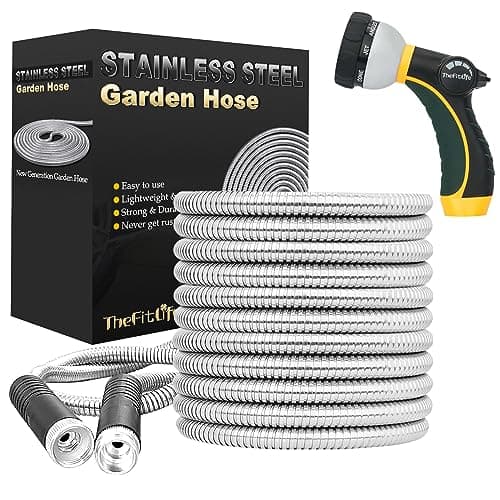 TheFitLife Flexible Metal Garden Hose - Upgrade Leak and Fray Resistant Design, Stainless Steel Water Hose with Solid Fittings and Sprayer Nozzle, Lightweight Kink Free Durable Easy Storage (75 FT) - Image 1