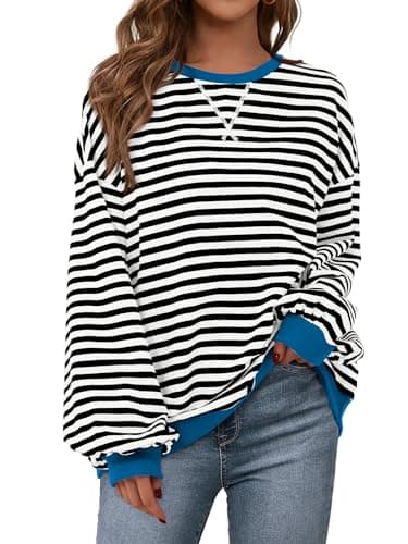 PRETTYGARDEN Womens Striped Oversized Sweatshirt Color Block Crew Neck Long Sleeve Casual Loose Pullover Top Y2K Clothes (Black White, Large) - Image 1