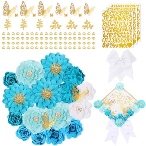 Graduation Cap Decorations Kit - Small Paper Flowers & Gold Butterflies for Grad Cap Topper - DIY Flower Stickers, Glitter Letters & Pearls for Crafts & Shadow Box (Blue) - Image 1