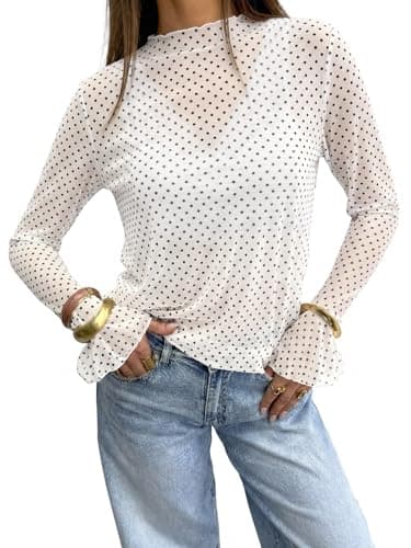 Tankaneo Womens Mesh Polka Dot Tops Bell Sleeve High Neck Summer Casual Blouse Trendy Loose Fit Y2K Going Out Tee Shirts White - Image 1