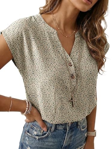 Lepunuo Womens Summer Henley Tops Dressy Casual Blouses Cap Sleeve V Neck Business Work Shirts - Image 1