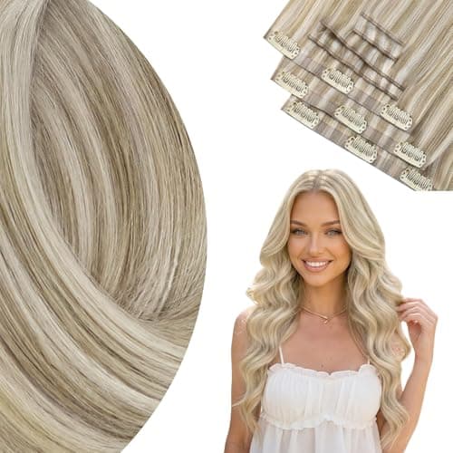 Ve Sunny Genius Hair Extensions Clip in Human Hair Dark Blonde Highlights Golden Blonde Hair Extensions Real Human Hair Seamless Invisible Remy Clip in Extensions 7pcs 18 inch 120g - Image 1