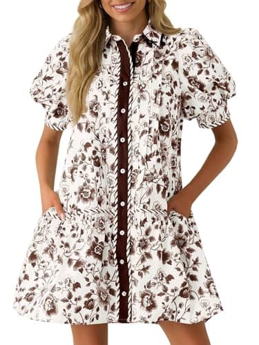 Wenrine Womens Mini Dress Summer Casual Short Puff Sleeve Floral Collared V Neck Loose Button Down Shirt Dress with Pockets Brown - Image 1