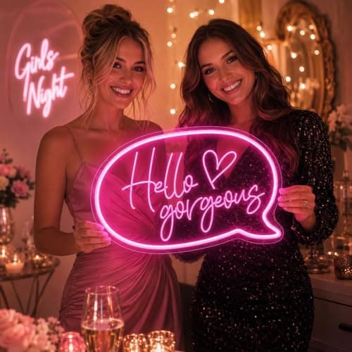 Hello Gorgeous Neon Sign Pink, USB Dimmable Pink LED Sign for Wall Decor, Neon Sign for Girls Bedroom, Makeup Room Decor, Beauty Salon Nail Studio Light Up Sign - Image 1