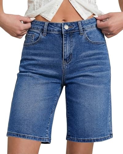 LookbookStore High Waisted Bermuda Shorts Women Womens Denim Jorts Blue Jean Shorts Stretchy Classic Blue Size X-Large Size 16 Size 18 - Image 1