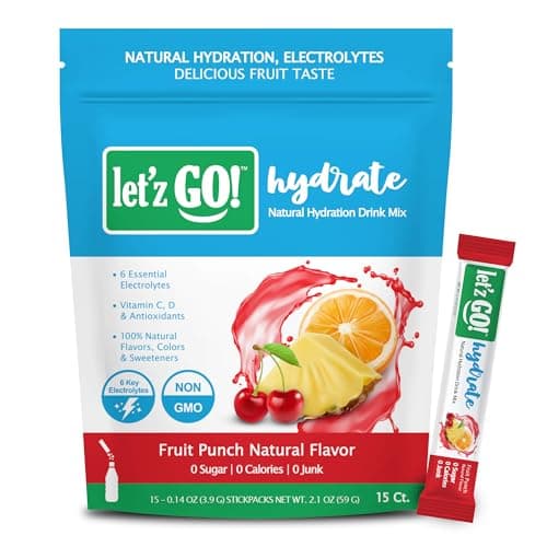 Let'z Go! Hydrate- Natural Hydration + Electrolyte Drink Mix- Hydration + Electrolytes + Antioxidant Powder Packets, Natural Flavors, Vitamins C + D | No Sugar | No Calories | (15 Count) Fruit Punch - Image 1