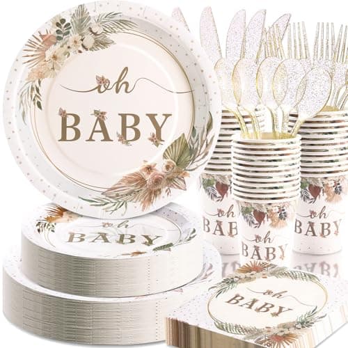 Gudvilla 350 Pcs Boho Baby Shower Decorations for Girl, Baby Shower Plates and Cups and Napkins Sets, Oh Baby Plates for Western Sweet Baby Girl, Summer Fall Gender Neutral, Serves 50 - Image 1