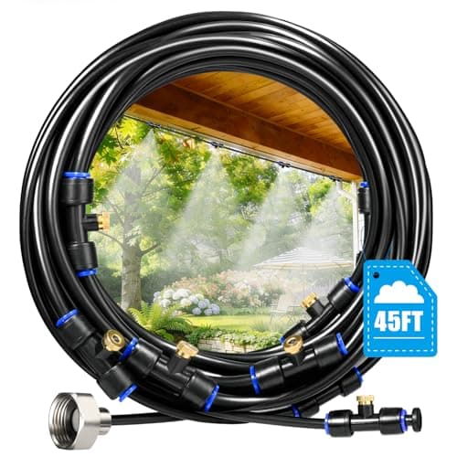Mellbree Misters for Outside Patio 45FT/14M, Pre-Assembled Misting Cooling System with 12 Brass Nozzles & 3/4" Adapter, Outdoor Mister for Patio, Garden, Greenhouse, Pavilion, Dog House, Chicken Coop - Image 1