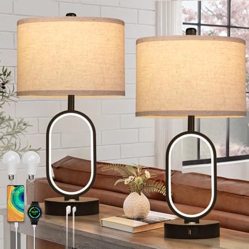 NITOWOLF 23" Bedside Lamps Set of 2, Farmhouse 3-Way Dimmable Touch Lamps for Nightstand, Built-in Night Light Bedside Table Lamp with USB A+C Ports, Black Table Lamp, LED Bulbs Included - Image 1