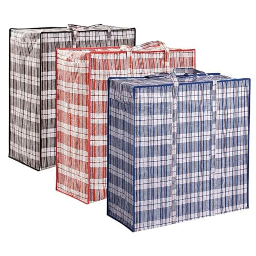 Winghin 3 Pack 158L Extra Large Moving Bags with Zippers & Carrying Handles, Heavy-Duty Tote Storage Bags Closet Organizers Laundry Bag, Plaid Bag for Traveling, 27.5" x 11.8" x 29.5", Red/Black/Blue - Image 1