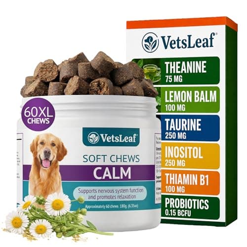 VetsLeaf Calming Chews for Dogs - Dog Anxiety Relief and Calming Sleep Support with Theanine, Lemon Balm, Taurine & Inositol - Fireworks, Thunderstorms & Separation Anxiety - Made in USA - 60 Count - Image 1