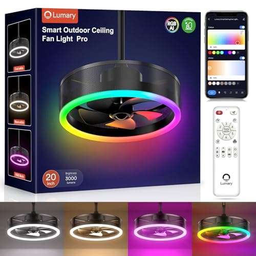Lumary 20'' Smart Outdoor Ceiling Fans with RGBAI Lights Pro, Wi-Fi Bluetooth Connect RGBCW, 40+ Scene, Work with Alexa, Waterproof Plug in Caged Fan with Hook/Remote/APP Control for Patios, Gazebo - Image 1