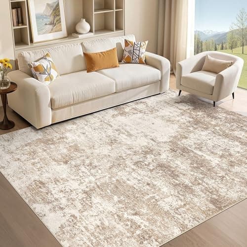 Micgeek Area Rug Living Room - 5X7 Abstract Washable Large Soft Foldable Non Slip Rug Neutral Modern Low Pile Carpet for Bedroom Nursery Dining Room Kitchen Home Office Indoor - Brown - Image 1