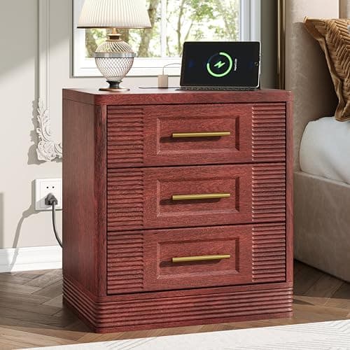 RECHHX 3 Drawer Dresser for Bedroom, 25.6" Tall Nightstand with Charging Station, Farmhouse 23.6" Wide End Table, Thermoformed Curved Small Chest of Drawers for Bedroom, Living Room, Cherry - Image 1