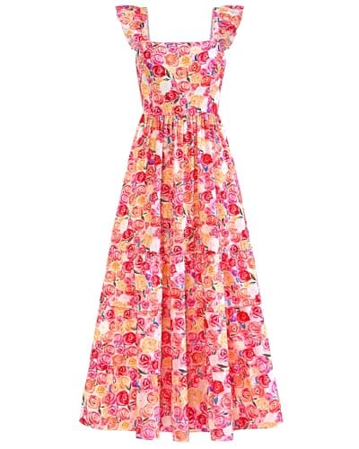dowerme Summer Dresses for Women 2026 Casual Ruffle Smocked Tiered A-Line Boho Floral Maxi Beach Sun Dress with Pockets(Light Apricot Pink Flower,XX-Large) - Image 1