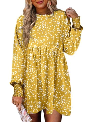 Dokotoo Spring Dresses for Women 2026 Casual Boho Floral Plus Size Dresses Cute Crew Neck Long Sleeve Empire Waist Mini Babydoll Dress Flowy Wedding Guest Tunic Shift Dress Yellow X-Large - Image 1