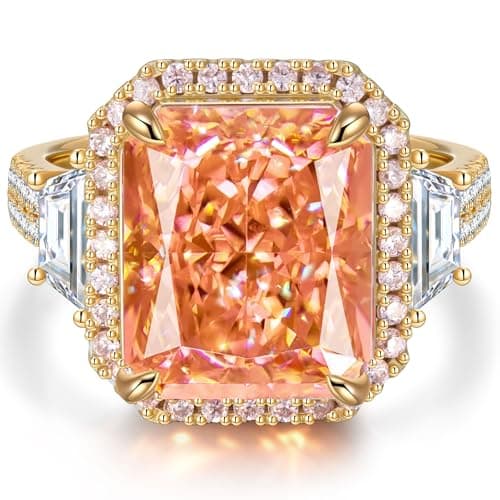 Moissa 8ct Lab Zircon Cocktail Ring 14K Gold Plated Silver Rings for Women Non Tarnish, Radiant Cut Halo Ring for Engagement Anniversary Birthday Party, Jewelry Gift for Wife Her - Peach Pink Padparadscha Sunset Glow Ring - Image 1