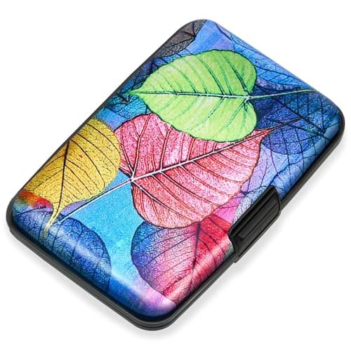 Mayski Credit Card Holder, RFID Blocking, Aluminum Alloy Hard Case, Small Mini Business Metal Wallet for Women Men, Colorful Leaves - Image 1