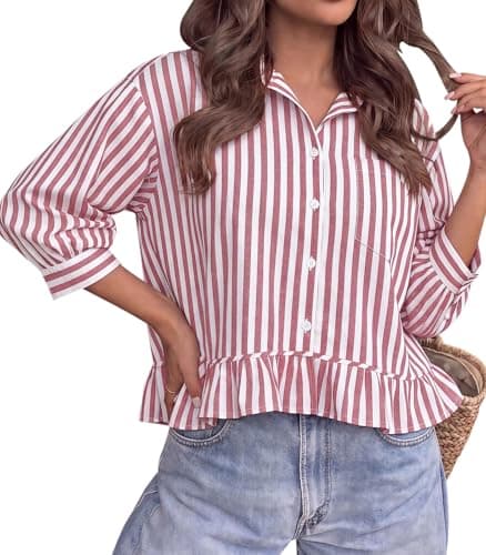PRETTYGARDEN Women's Business Casual Tops V Neck Button Up Shirts Women Lapel Collared 3/4 Sleeve Striped Ruffle Crop Y2k Top (White Red Striped, XX-Large) - Image 1