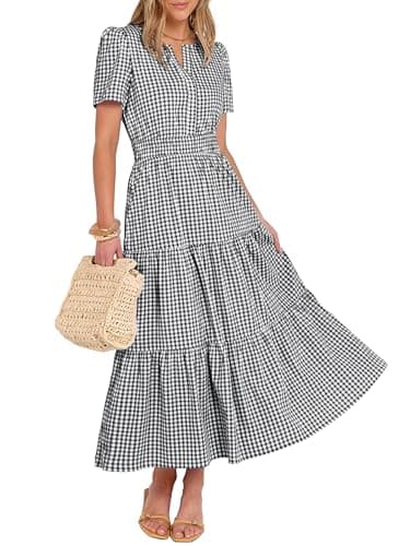Caracilia Women's Summer Short Sleeve V-Neck Maxi Dress, Gingham & Striped Fabric, Casual A-Line Dress for Beach & Vacation Black Gingham Small - Image 1