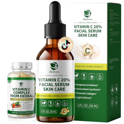 Vitamin C Serum for Face, 20% Brightening Face Serum with Sodium Hyaluronate for Dark Spots & Fine Lines – Support Collagen & Skin Radiance, Plus Vit C Caps for Inside-Out Support, 1 Fl Oz + 60 Caps - Image 1