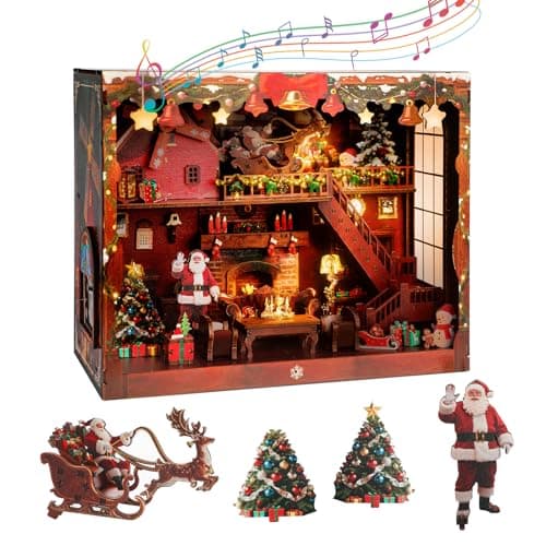 Joibabe DIY Miniature House, LED Lighting Book Nook Kit Dollhouse Kit,Music Box Dollhouse, 3D Wooden Puzzle with Dust Cover,Gifts for Family, Friends,Christmas(Christmas Carnival) - Image 1