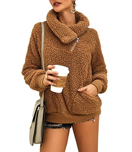 KIRUNDO Winter Clothing for Women Sherpa Pullover Fleece Zip Sweatshirt 2026 Fall Fashion Fuzzy Faux Shearling Warm Outwear(Small, Khaki) - Image 1