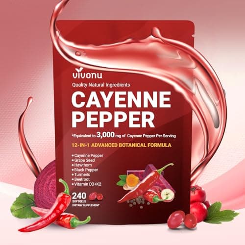 VivoNu Cayenne Pepper Softgels Supplement, Supports Leg Vein, Heart and Blood Vessel Health, with Vitamin E D3+K2 and Extracts of Grape Seed, Hawthorn, Beetroot, Berberine (Softgel / 1 Bag) - Image 1