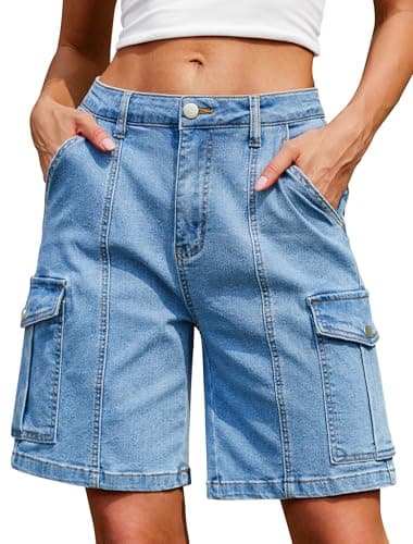 IWD Jean Shorts for Women High Waisted Bermuda Cargo Stretchy Denim Shorts Knee Length 6 Pockets Jorts 2026 Summer Trendy Denim Blue, Large - Image 1