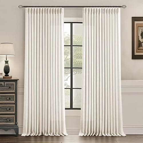 Uqocnh Pinch Pleated Linen Curtains White 96 inches Long Flax Farmhouse Semi Sheer Beige White Curtains for Living Room Bedroom Pleated Drapes Rod Pocket Back Tab Window Curtain Set, 2 Panels - Image 1
