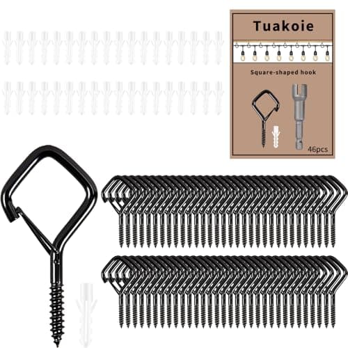 Tuakoie 46 Pack Mini Screw in Hooks with Safety Buckle, Black Ceiling Hooks for Hanging Plants, Outdoor String Lights, Bird Feeders, Cups & Home Decor, Windproof Metal Eye Hooks Screw, 1.65IN - Image 1