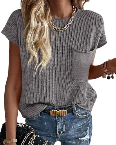 KIRUNDO Summer Fall Short Sleeve Sweater for Women 2026 Casual Sweater Vest Cotton Knit Pullover Tank Tops Fashion Clothing(Grey, X-Small) - Image 1