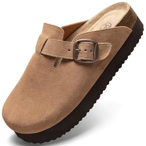 Brelzo Calvior Platform Clogs for Women Arch Support Suede Clogs Soft Mules Potato Shoes Casual Slipper Sandals with Adjustable Buckle, Non-Slip, Brown Size 7.5 W - Image 1
