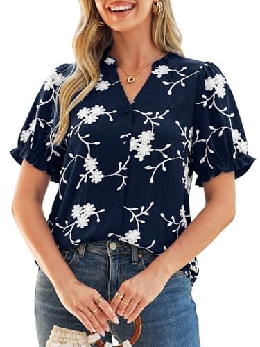 Simplee Womens Button Down Puff Ruffle Short Sleeve Blouse Tops V Neck Summer Embroidered Dressy Casual Shirts Navy Blue XL - Image 1