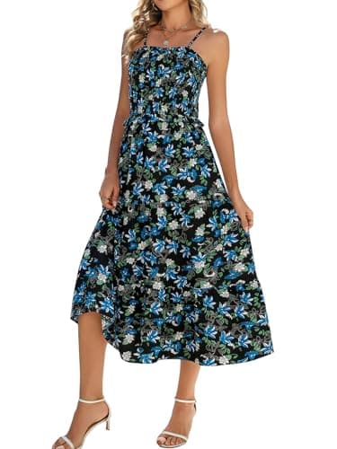 Younrui Casual Summer Bohemian Long Maxi Dresses for Women 2026 Spaghetti Strap Sleeveless Tiered Ruffled Smocked Dress(L-1075-Blue Floral) - Image 1