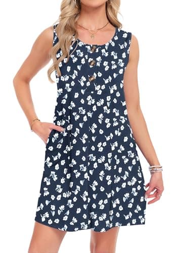 MOLERANI Women's Dresses Casual Aline Sundress Hawaiian Tank Dress O Neck with Pockets Summer Sleeveless Floral Mini Tshirt Tropical Dress,Floral Navy,M - Image 1