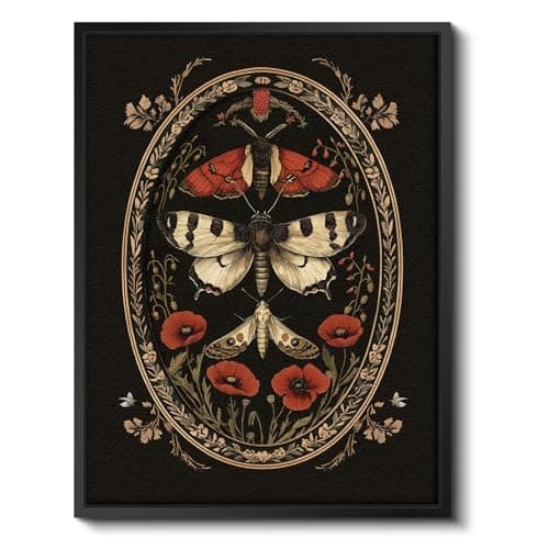 Vintage Butterfly Moth 3D Stacked Double-Panel Sandstone Wall Art, Rustic 12x16 Metal Framed Botanical Poppy Flowers Print, Nature Insect Artwork for Room Bedroom Office Boho Gallery Decor - Image 1