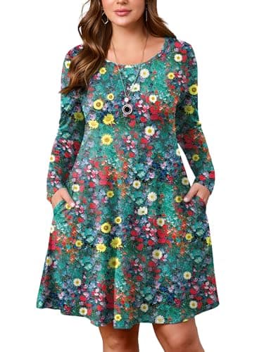 AusLook Plus Long Sleeve Dress for Women 2025 Fall Winter Casual Flowy A-Line Boho Midi Party Vacation Maternity Wedding Guest Work Oil Paint Petals 5X Dresses with Pockets - Image 1