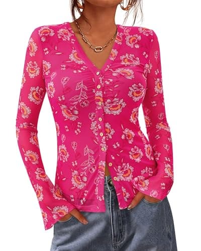 BTFBM Button Down Shirts for Women 2026 Spring Boho Tops V Neck Long Sleeve Blouses Ruched Mesh Fitted Fashion Clothing(Hot Pink, Large) - Image 1