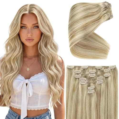 Ve Sunny Human Hair Clip in Extensions Dark Blonde Highlights Golden Blonde Remy Hair Extensions Real Human Hair for Women Clip in Hair Extensions for Short Hair 12 Inch 85g 5pcs - Image 1
