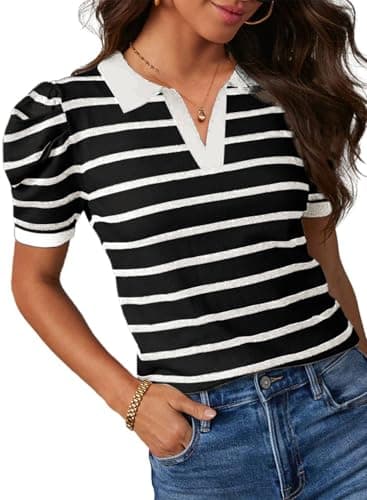 Dokotoo Shirts for Women 2024 Fashion Spring Summer Knit Top Short Puffer Sleeve Sweater Business Casual Outfits Collared T Shirts V Neck Blouses Old Money Clothes Black and White Stripes Shirts S - Image 1