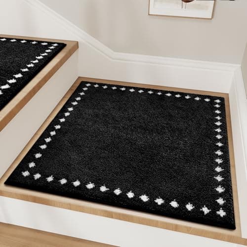 tchdio Stair Treads Landing-Rug Non Slip, Soft Stair Treads for Wooden Steps Indoor, Stair Carpet Treads Reusable Adhesive for Kids Elders and Pets, Washable Stair Rugs Stair Runner 31"x31" Black - Image 1