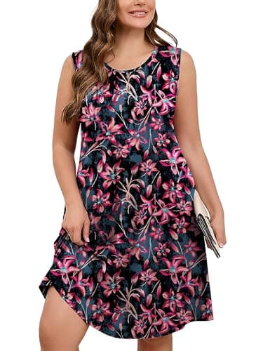 AusLook Plus Size Floral Midi Dress for Women Sleeveless Casual Summer Tank 1X Dress with Pockets Round Neck A-Line Swing Flowy Vacation Beach Sundress - Image 1