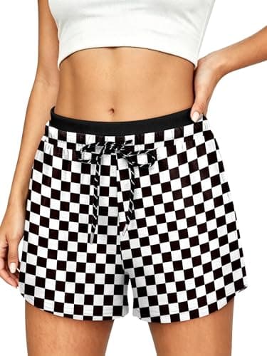KISSMODA Women Checkered Print Shorts Contrast Waist Drawstring Travel Party Gathering Outfits Checkerboard M - Image 1