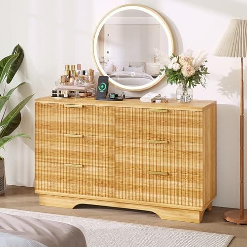 HCHQHS Fluted Dresser for Bedroom 6 Drawers,47" Wide Modern Chest of Drawers with Charging Station Natural Oak Wooden Drawer Organizer for Living Room/Bedroom/Hallway - Image 1