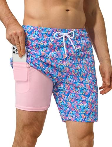SILKWORLD Mens Swim Trunks with Compression Liner Seersucker 2 in 1 Quick Dry Bathing Suit 7 Inch Swim Shorts Swimwear Recycled Swimsuit with Zipper Pockets Beach Surfing Flower M - Image 1