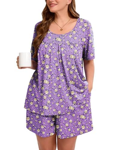 AusLook Women's Plus Size Pajama Sets Short Sleeve Top and Shorts Purple Chrysanthemum 1X Casual Comfy Soft Ladies Short Pajamas Set Loungwear Sleepwear Pjs Set 2 Piece Lounge Set with Pockets - Image 1