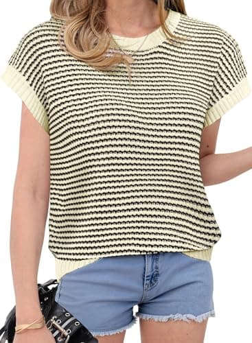 IPMQ Womens Striped Sweaters Vest Pullover Cap Sleeve Tank Tops Crew Neck Cable Knit Spring Summer Casual Outfits - Image 1