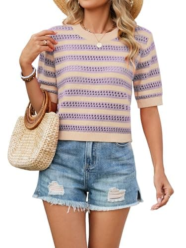 Bellcoco Crochet Tops for Women Spring Summer Short Sleeve Pullover Sweaters Crop Top Vacation Outfits Beach Cover Ups Cute Hollow Out Fashion Clothes Cream Purple X-Large - Image 1