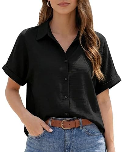 JEKAOYI Womens Button Down Shirts Cotton Casual Summer Short Sleeve Blouses V Neck Tops for Beach Travel Black - Image 1